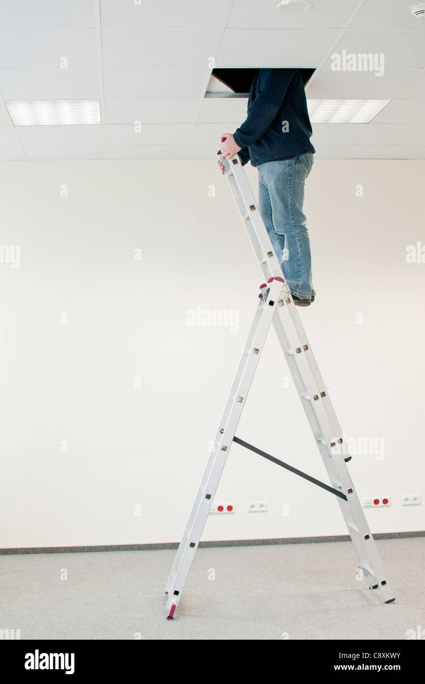 Mann auf der Leiter, Blicke über die Decke Stockfoto