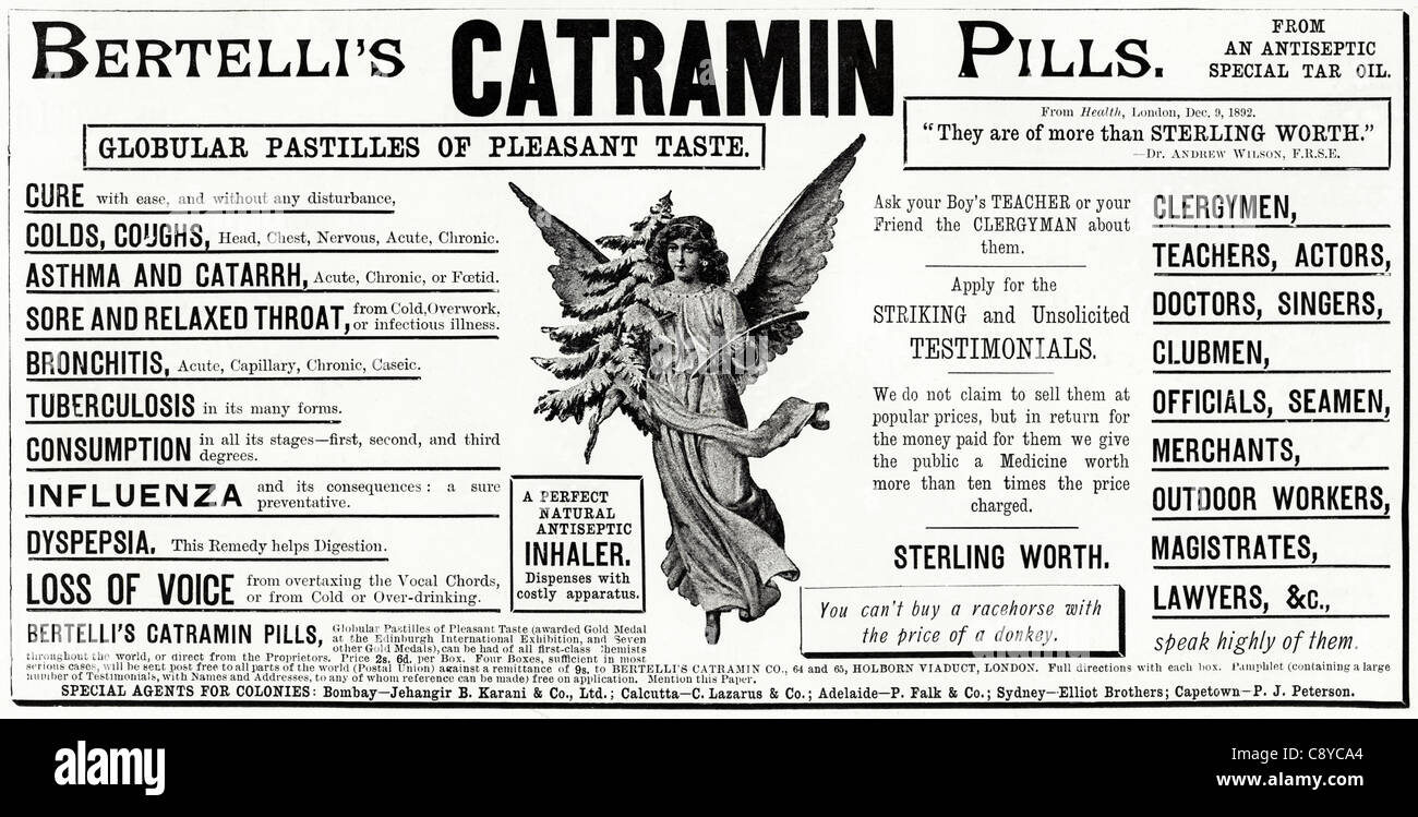 Original viktorianischen Werbung ca. 1892 Werbung BERTELLIs CATRAMIN Pillen Stockfoto