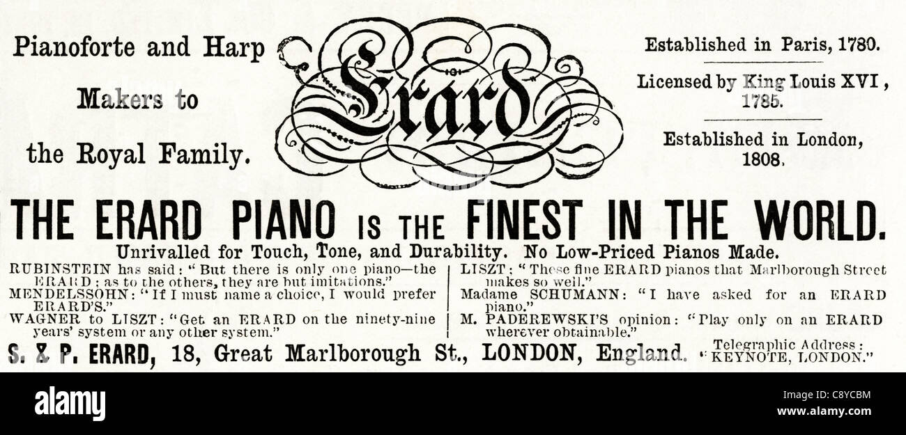 Original viktorianischen Werbung ca. 1892 Werbung ERARD Klavier und Harfe Entscheidungsträger Stockfoto