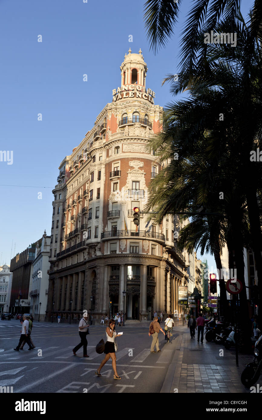 Banco de Valencia Gebäude, Art Deco, Valencia, Spanien Stockfoto
