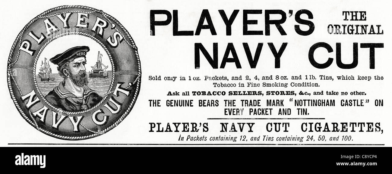 Original viktorianischen Werbung ca. 1892 Werbung des Spielers NAVY CUT Zigaretten Stockfoto