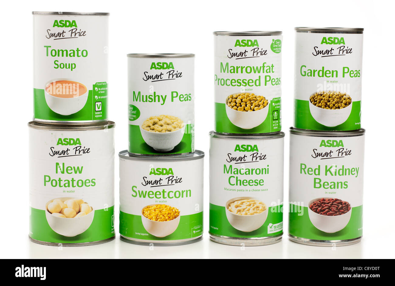 Acht verschiedene Dosen von Asda intelligente Preis Produkte Stockfoto