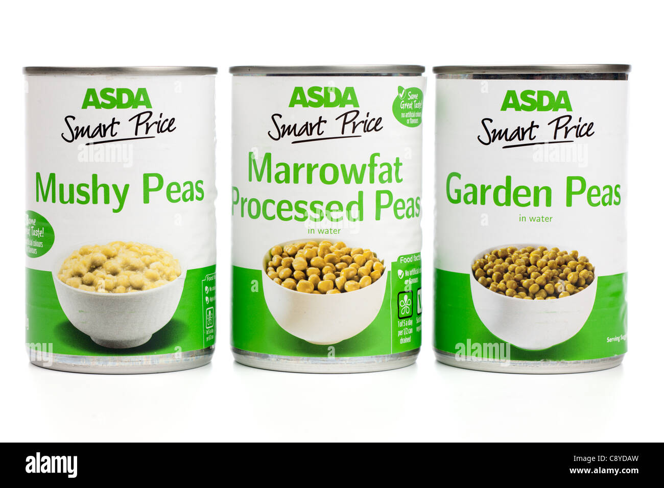 Drei Dosen von Asda Smart Preis Erbsen Marrowfat Mushy und Garten Stockfoto