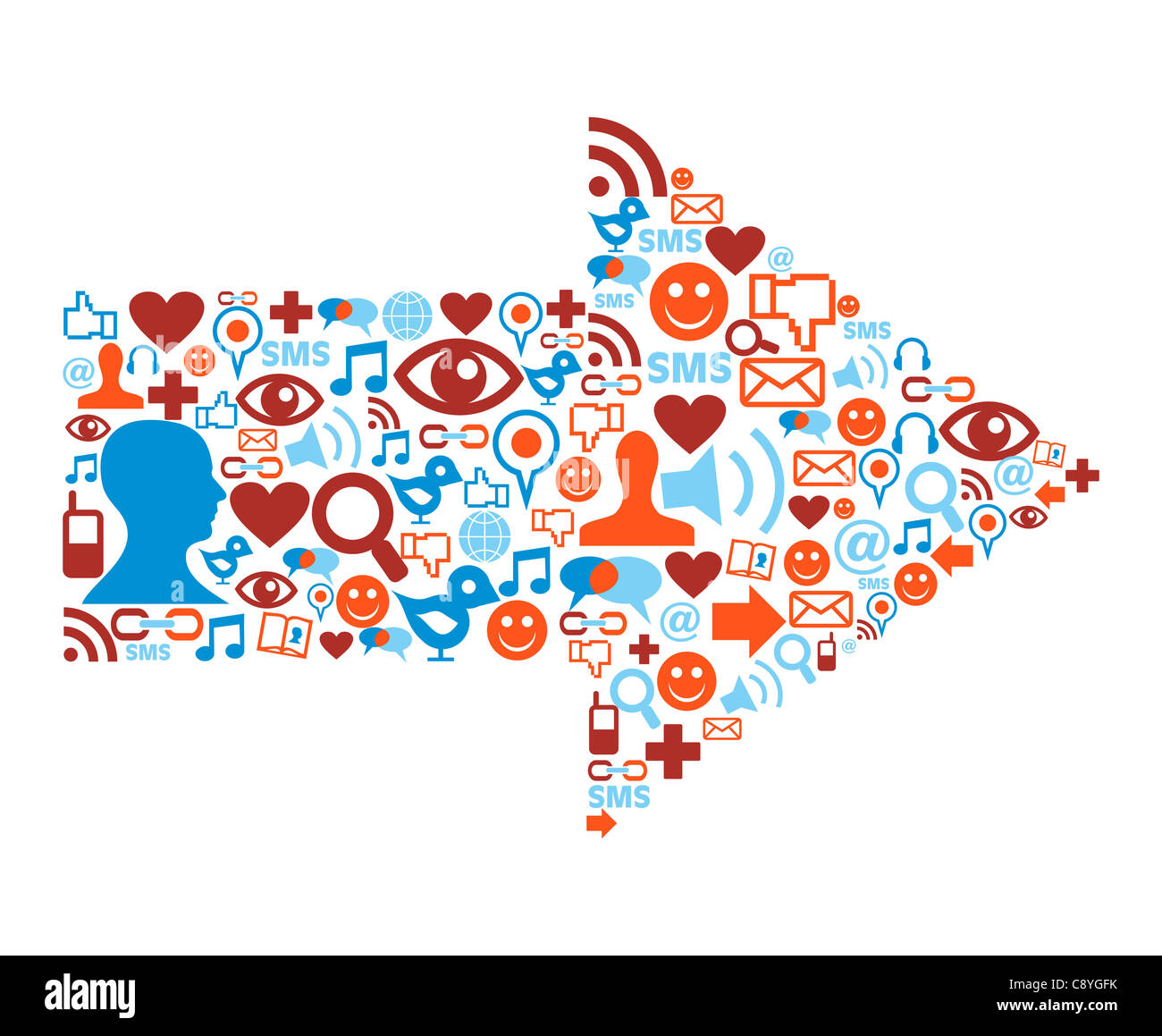 Social Media-Symbole gesetzt in Pfeil-Form-Zusammensetzung Stockfoto