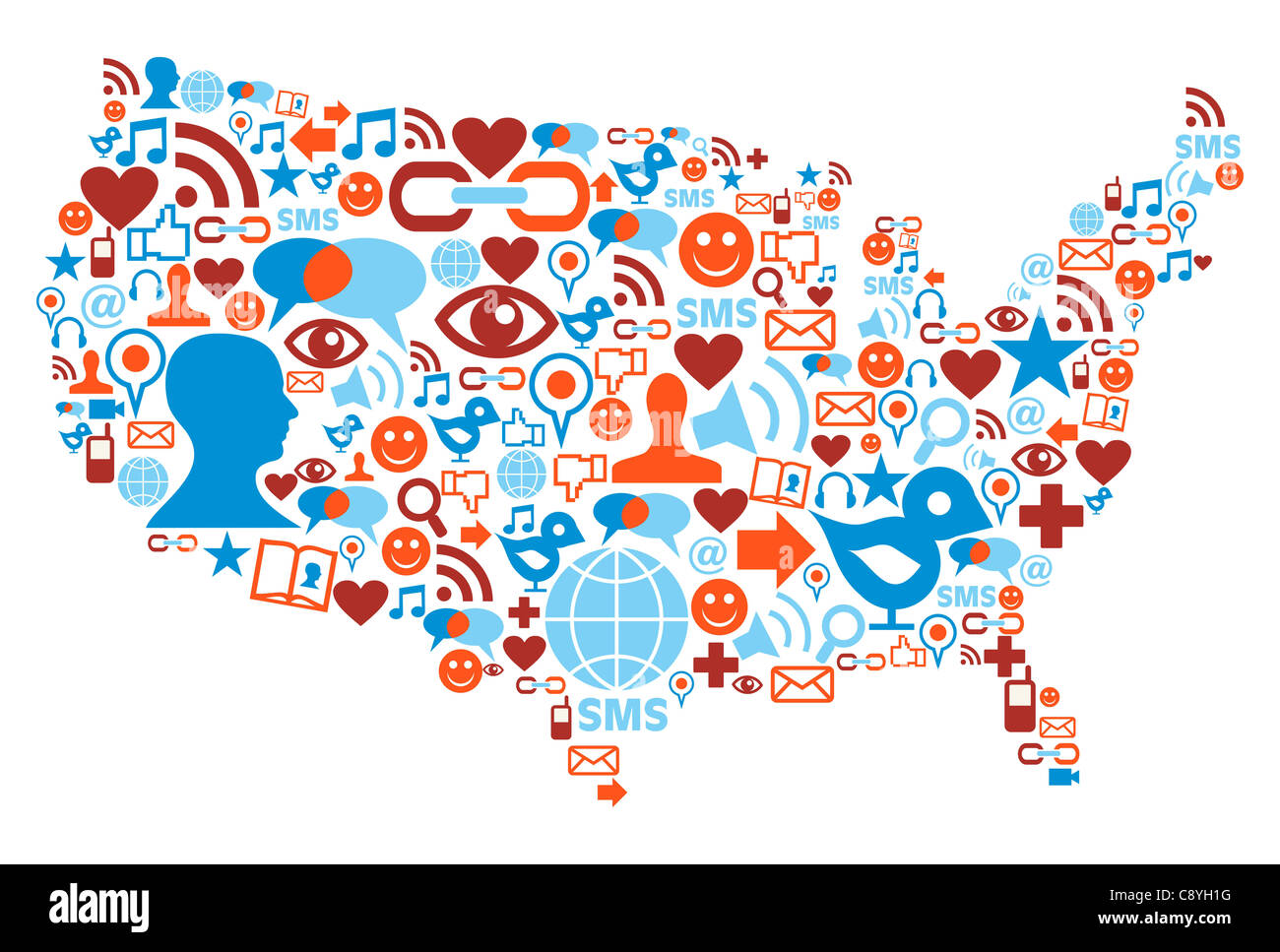 Social Media-Symbole in USA Karte Form Abbildung eingestellt Stockfoto