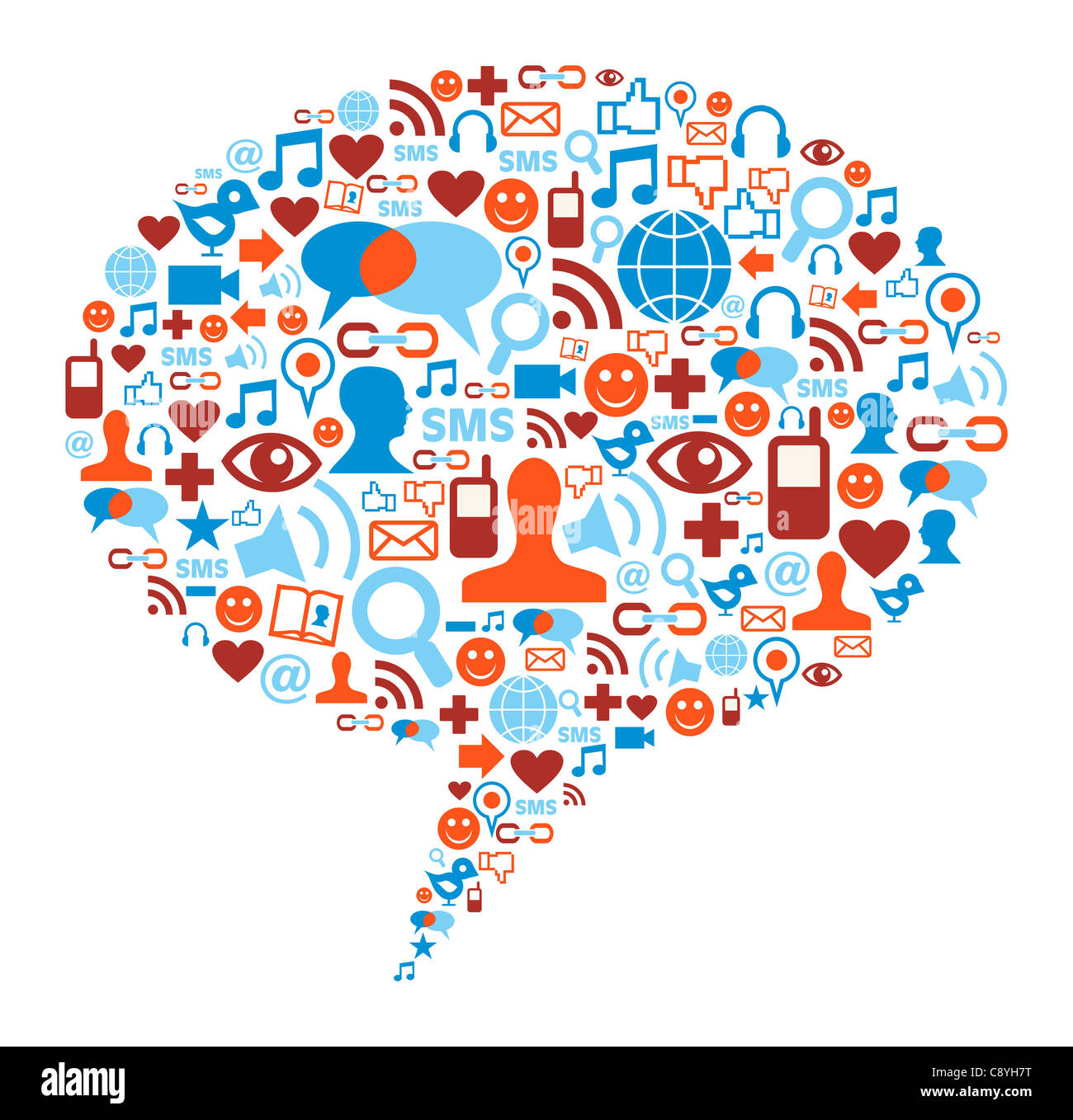 Social-Media-Blase Form gebildet mit globaler Kommunikation icons Stockfoto
