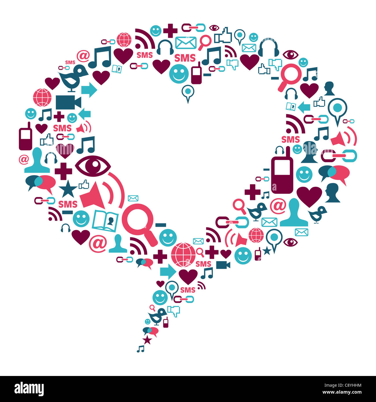 Social Media-Symbole in Form der Blase mit einem Herz im Inneren. Stockfoto