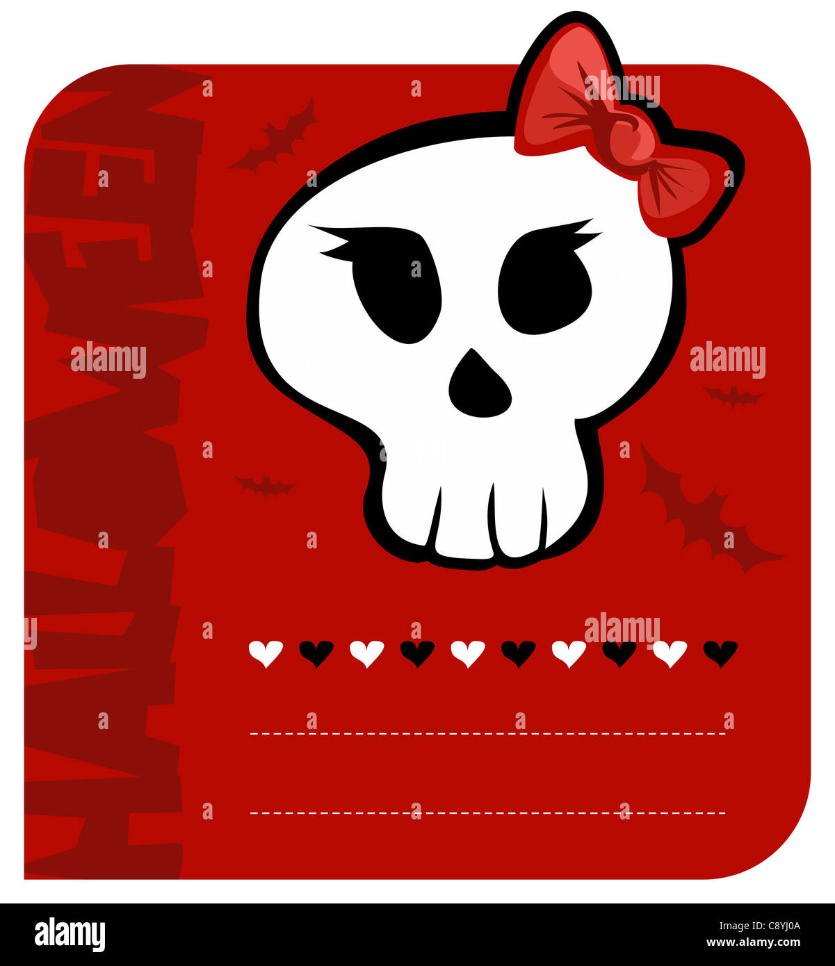 Roten Hintergrund lustig Schädel Mädchen Halloween Grußkarte. Vektor zur Verfügung Stockfoto