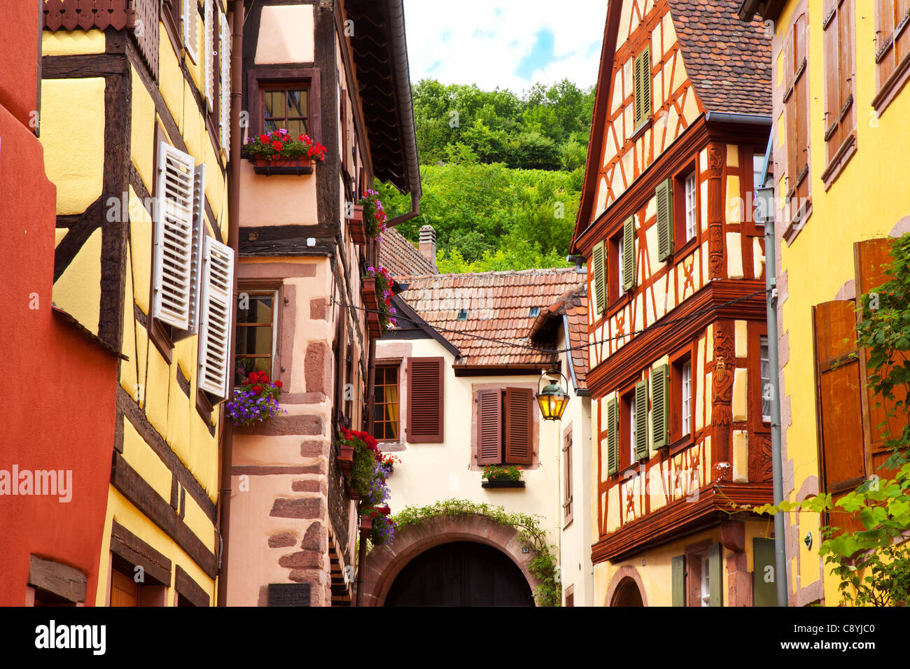 Bunte Häuser in Kaysersberg, entlang der Wein Route, Elsass Haut-Rhin-Frankreich Stockfoto