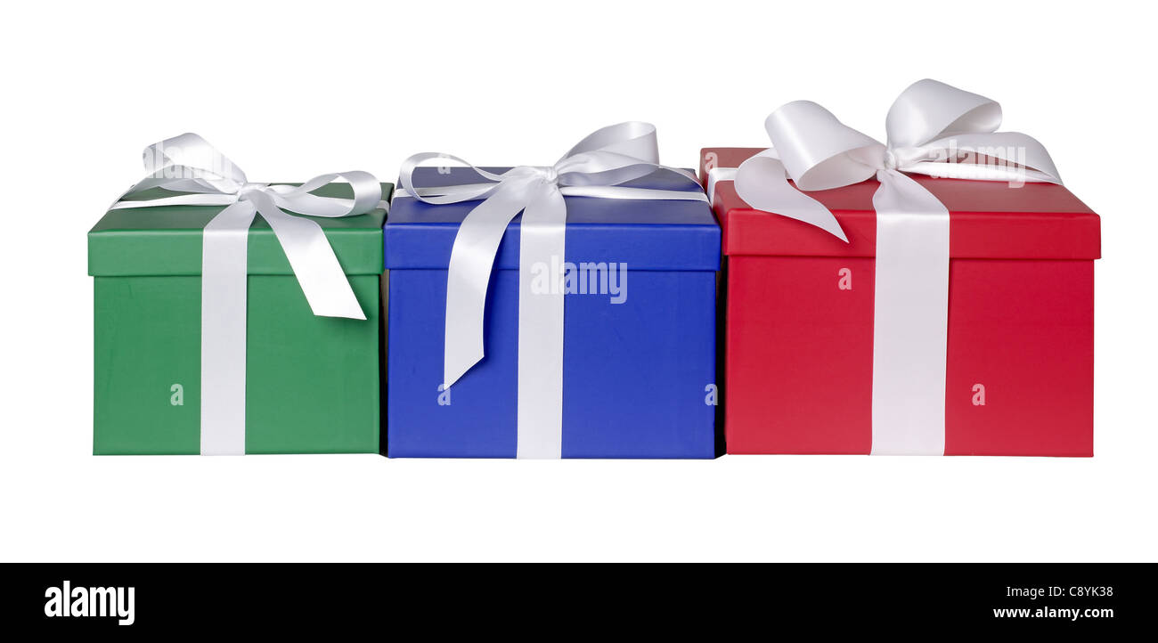 3 Geschenkboxen rot grün blau Stockfoto