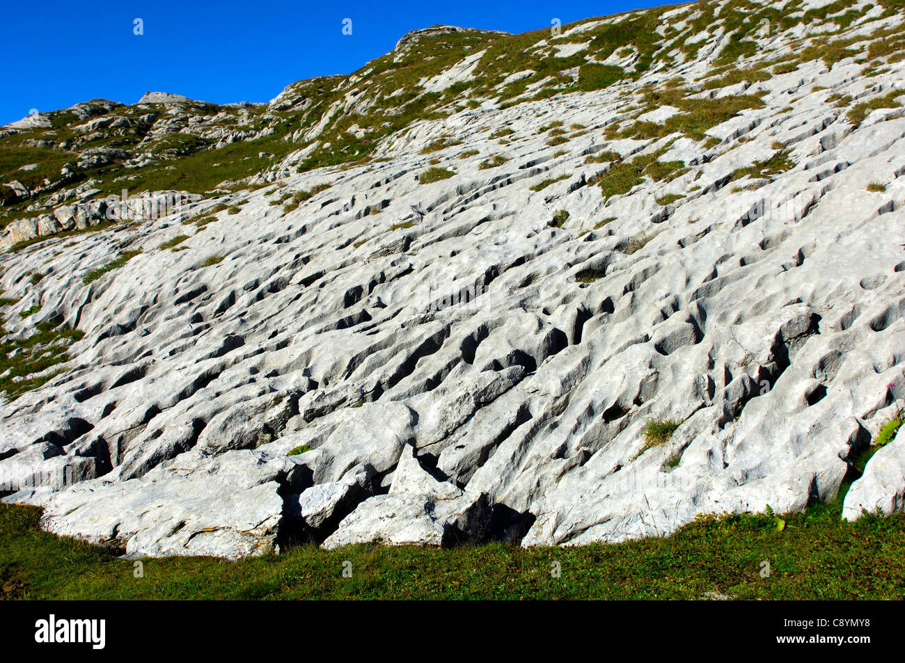 Abfluss Karstschneisengebieten, Karstlandschaft Lapis de Tsanfleuron, pass Santesch-Pass, Wallis, Schweiz Stockfoto