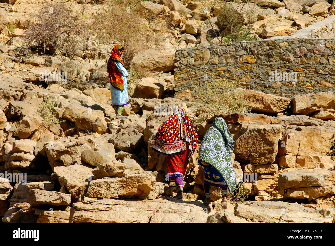 Omanische Frauen in bunten Gewändern auf einem felsigen Pfad den Weg zu ihrem Bergdorf in den Hajjar Bergen, Sultanat von Oman Stockfoto