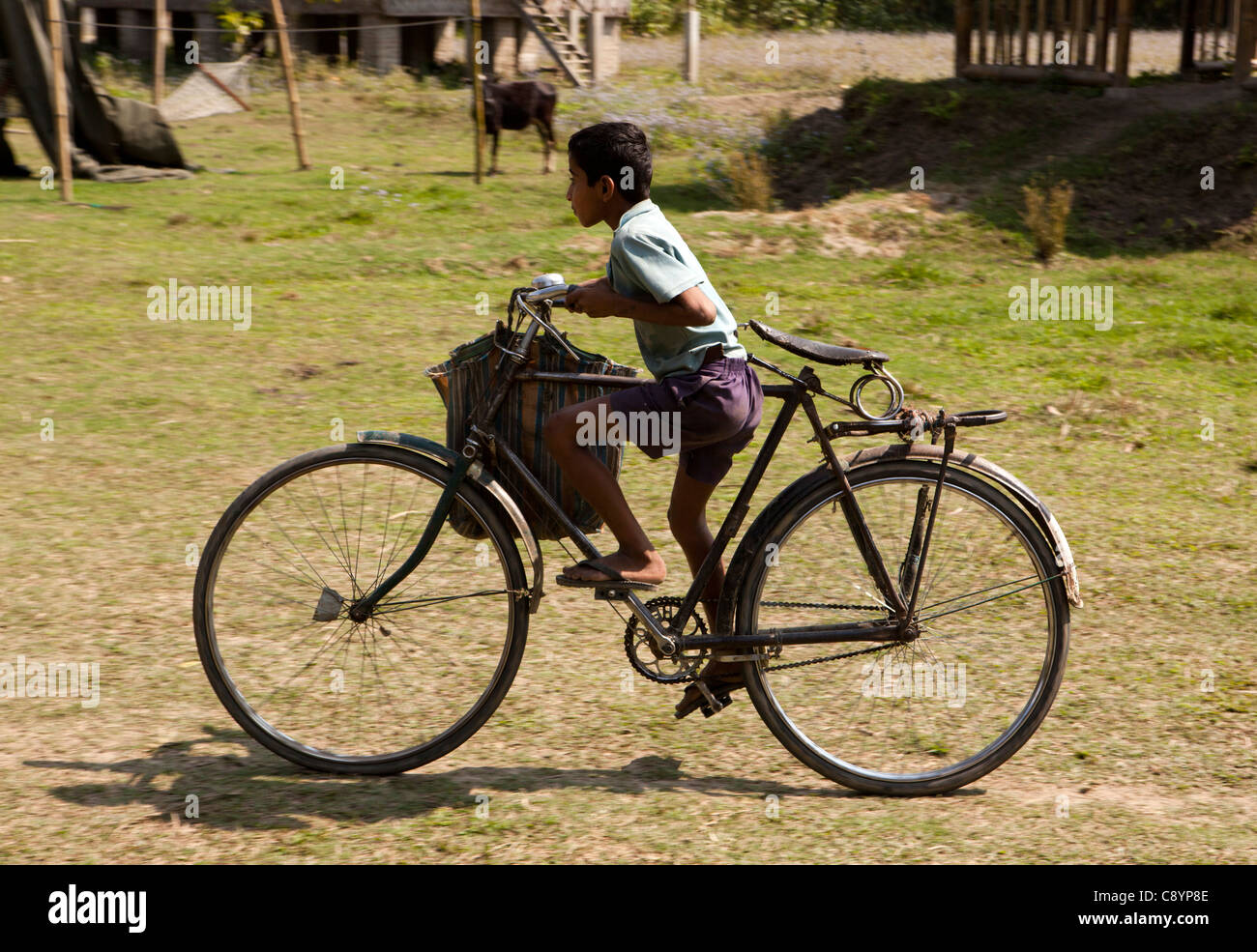 Indien, Assam, Majuli Insel, kleines Kind Radfahren auf Fahrrad, das viel  zu groß ist Stockfotografie - Alamy