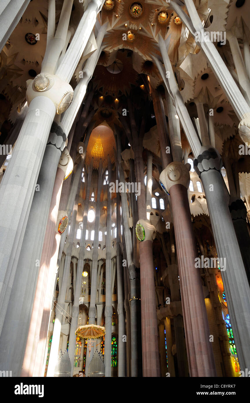 Innenraum des Basílica y Templo Expiatorio De La Sagrada Familia, Barcelona, Spanien Stockfoto