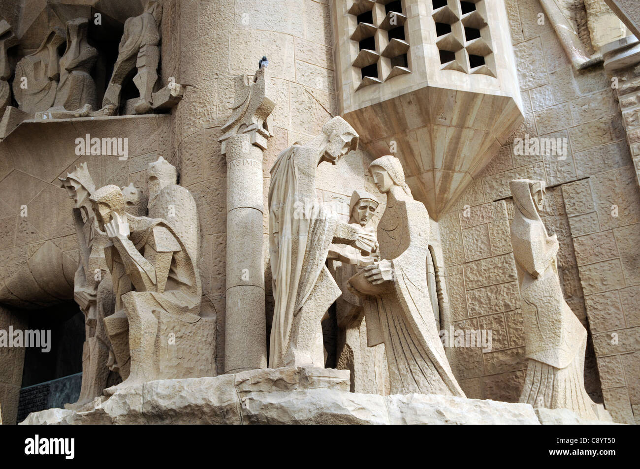 Leidenschaft-Fassade, Basílica y Templo Expiatorio De La Sagrada Familia, Barcelona, Spanien. Stockfoto