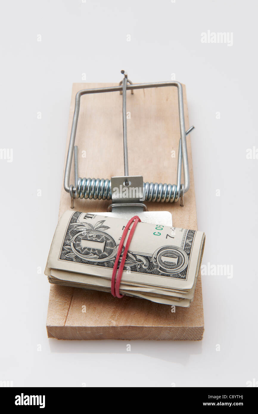 einige Dollarscheine mit Gummiband auf einer Mausefalle gesetzt Stockfoto