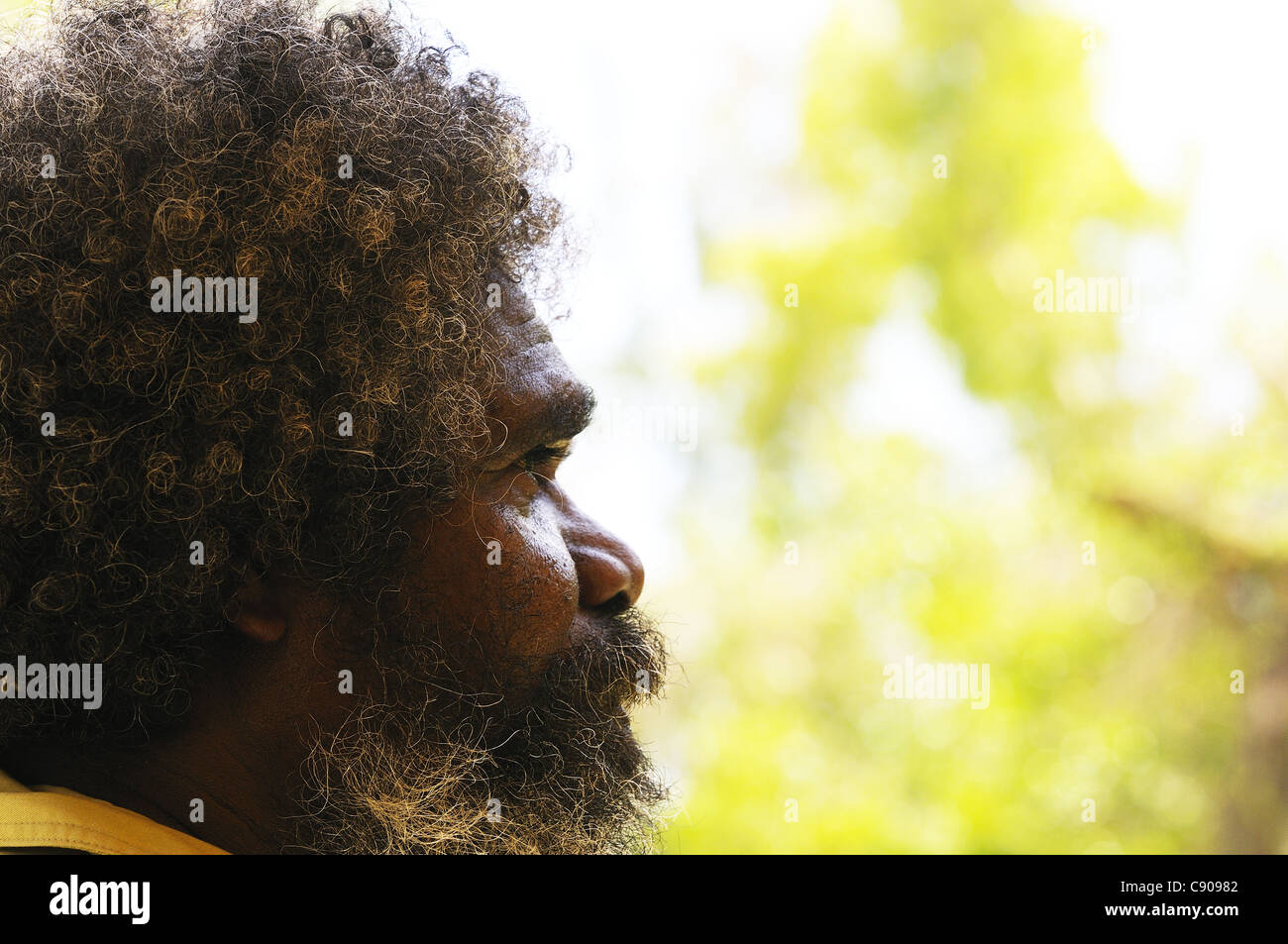 Aboriginie Porträtstudie - Blick auf entfernte Böschungen im Arnhem Land, Northern Territory, Australien (Phototonentöne) Stockfoto