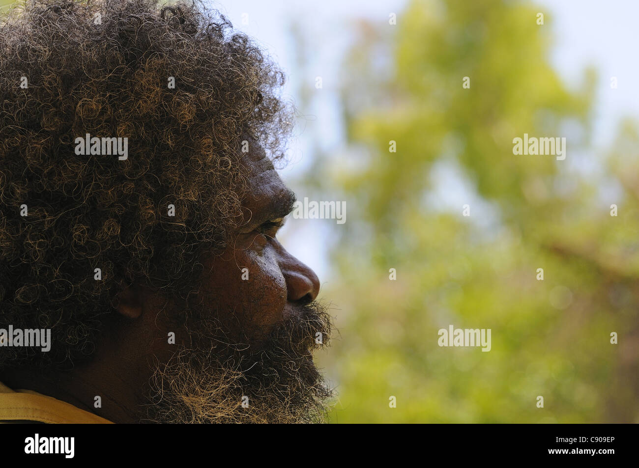 Aboriginie Porträtstudie - Blick auf entfernte Böschungen im Arnhem Land, Northern Territory, Australien (Phototonentöne) Stockfoto
