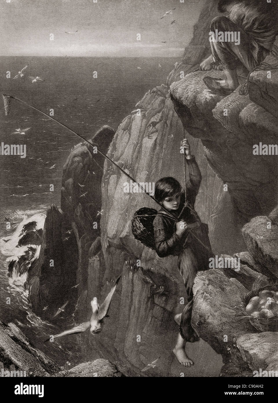 Junge, sammeln von Eiern aus einem Nest inmitten einer felsigen Klippe Gesicht in der Mitte des 19. Jahrhunderts. Aus der Bibby Jahresbericht veröffentlicht 1910. Stockfoto