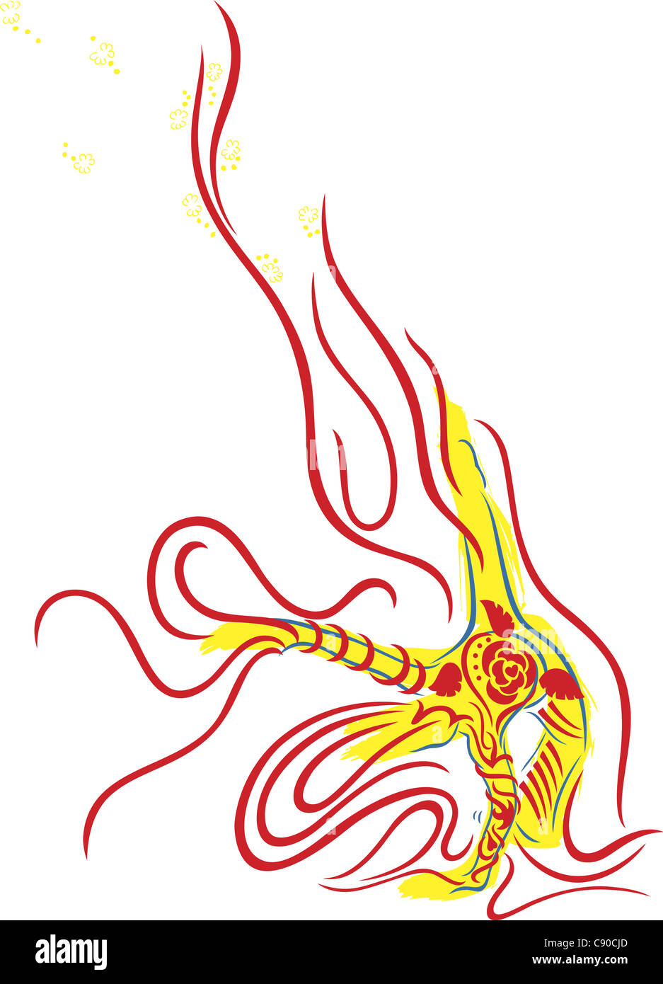 ein Auszug aus einer Person, die mit Blumen und Feuer fließt aus dem Körper tanzen Stockfoto