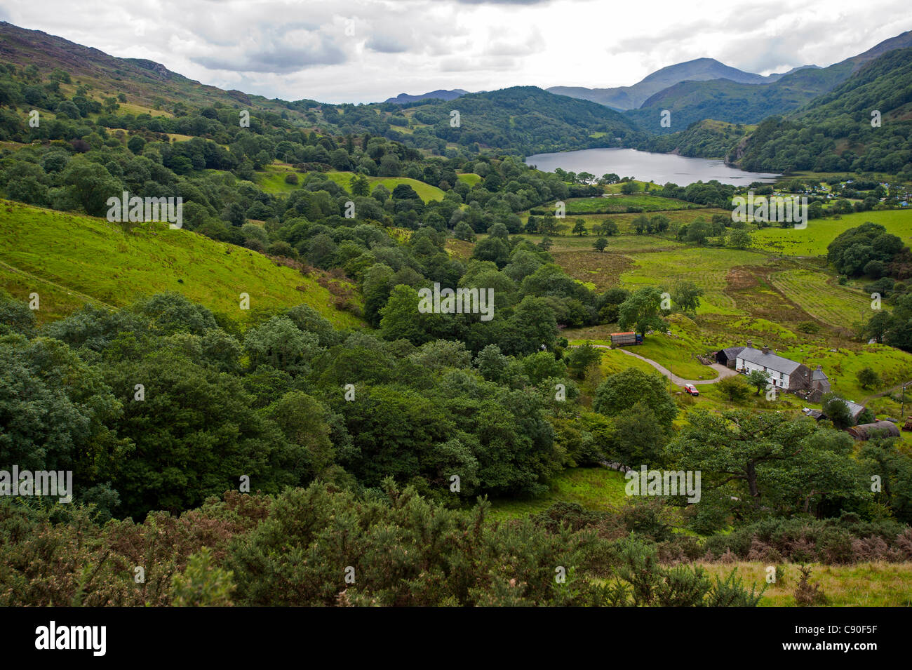 Blick Richtung See Llyn Gwynant, Snowdonia-Nationalpark, Wales, UK Stockfoto