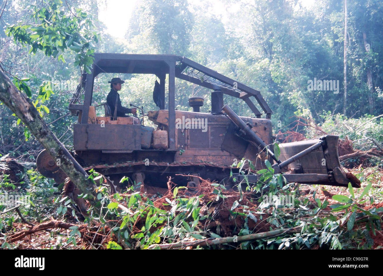 Global Witness (NGO) versucht zu verhindern, illegalen Holzeinschlag in Kompong Thom Provinz in Kambodscha. 2002. Stockfoto