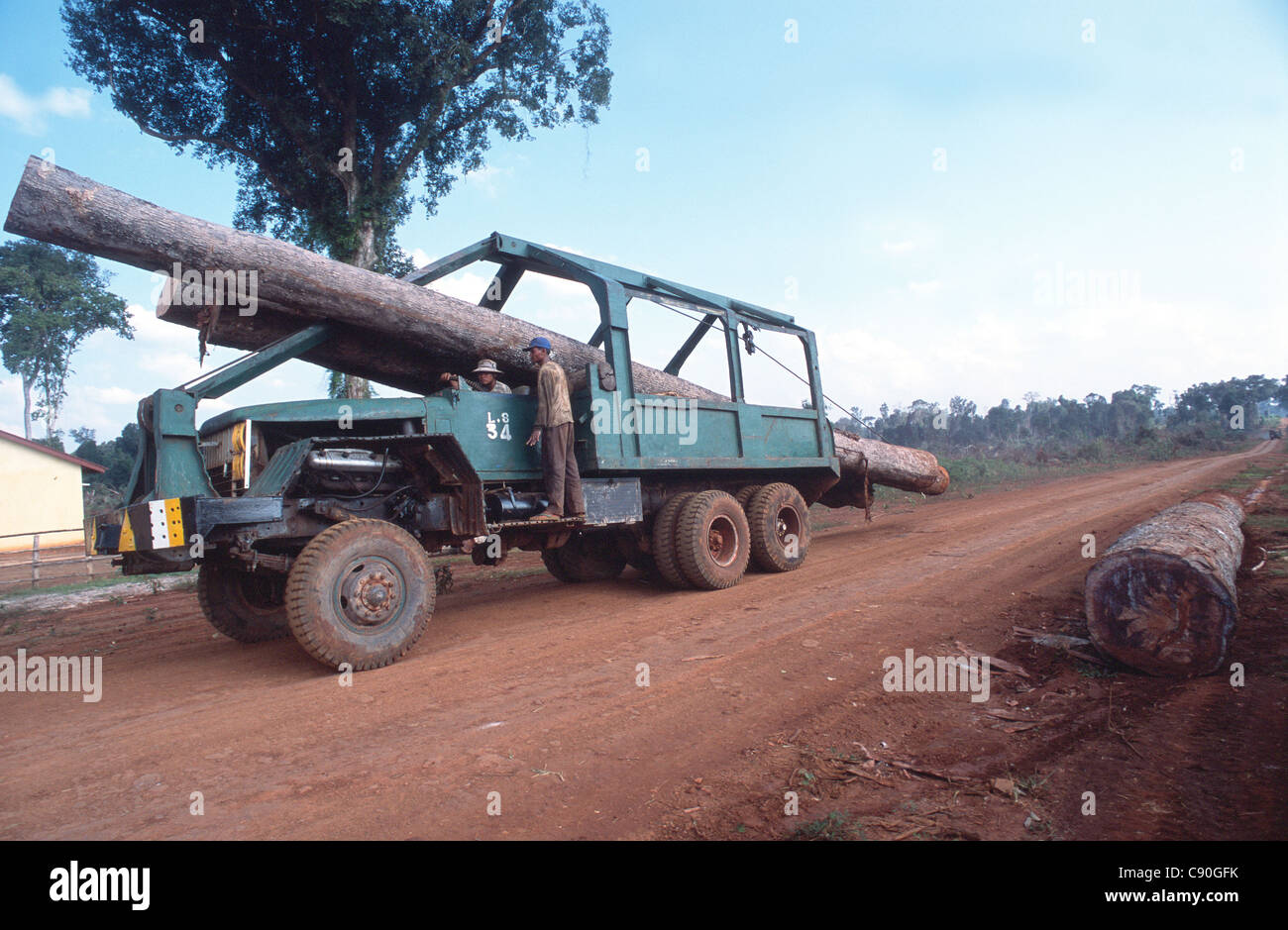 Global Witness (NGO) versucht zu verhindern, illegalen Holzeinschlag in Kompong Thom Provinz in Kambodscha. 2002. Stockfoto