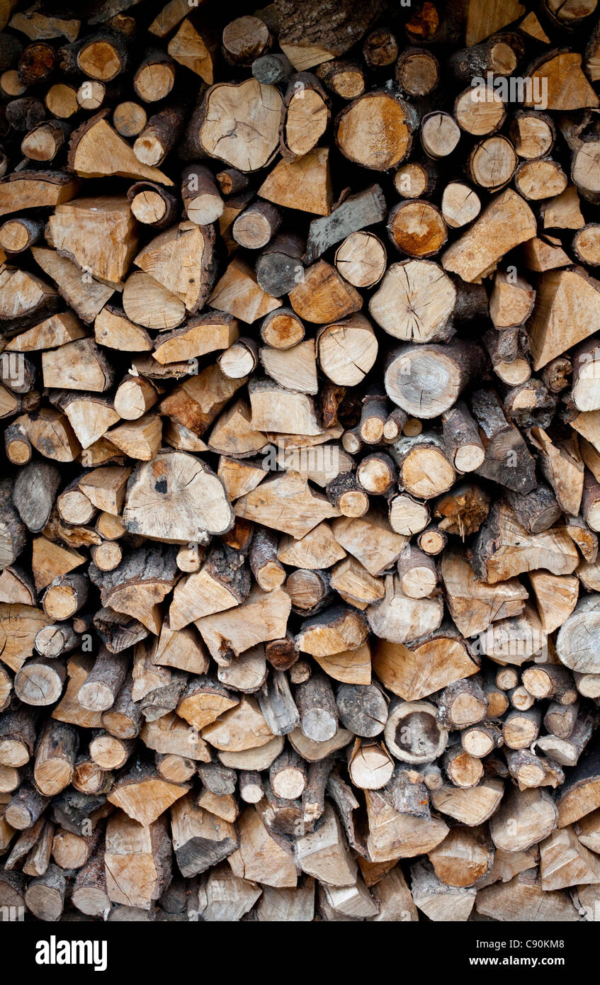 Ein Haufen von Protokollen gespeichert bereit für den Einsatz als Hausbrand im Holzofen Ofen zuhause in Shropshire, UK Stockfoto