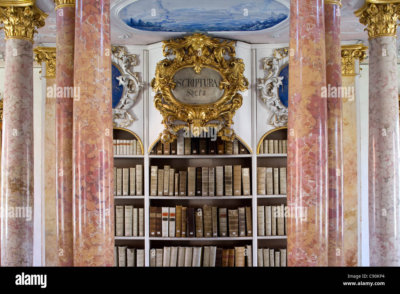 Detail der alten Bibliothek, Ottobeuren Abbey, Ottobeuren, Bayern, Deutschland, Europa Stockfoto