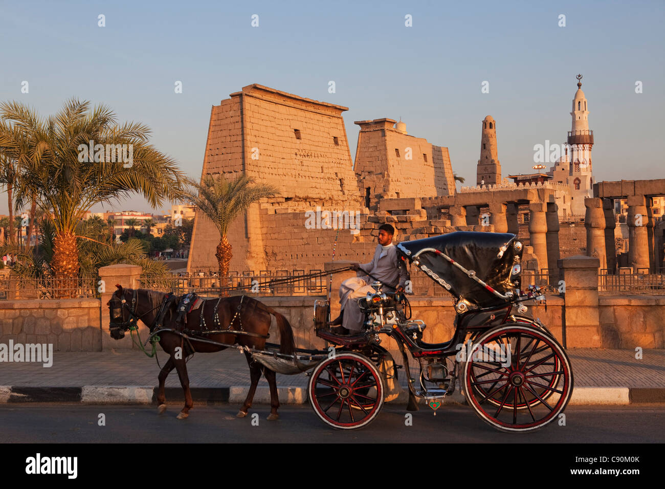 Pferd und Kutsche vor dem Luxor-Tempel, Luxor, antiken Theben, Ägypten, Afrika Stockfoto
