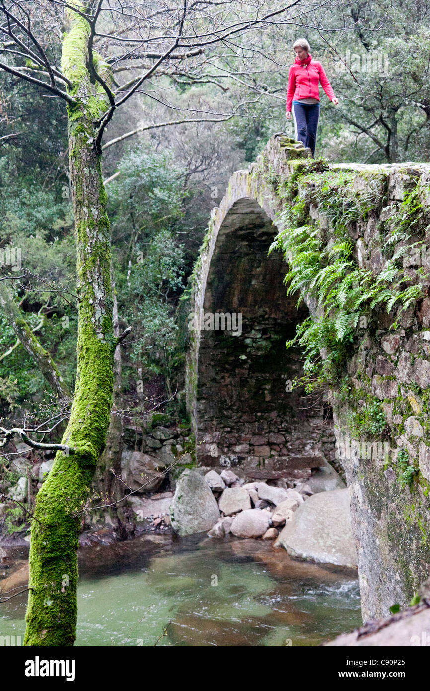 Junge Frauen, die zu Fuß über die Genueser Brücke in die Schlucht Gorges de Spelunca, in der Nähe von Porto und Ota, Korsika, Frankreich Stockfoto