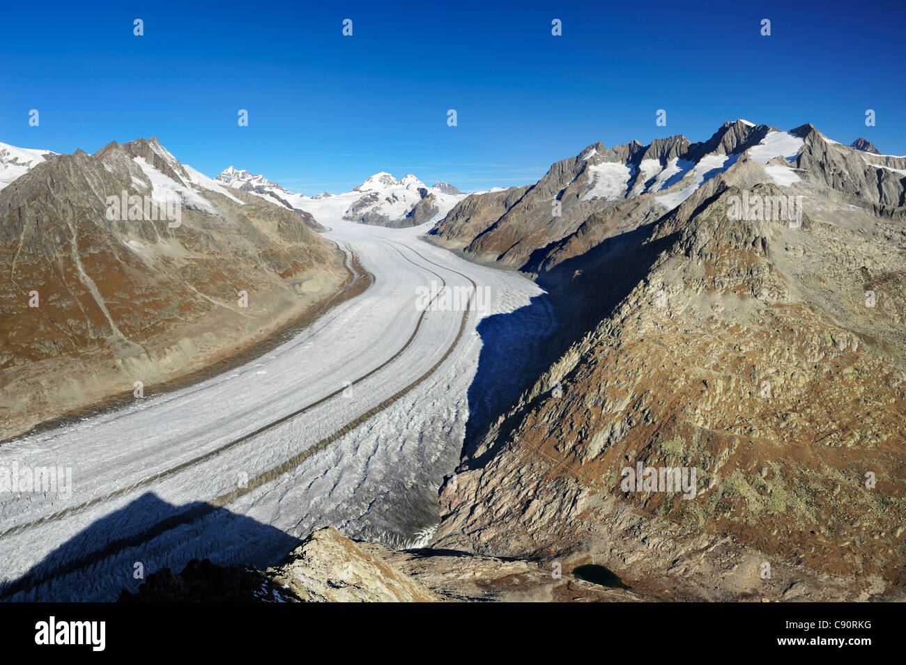 Gletscher gröberen Aletschgletschers mit Jungfrau, Mönch, Eiger, Grünhorn und Wannenhorn, vom Eggishorn, UNESCO-Welterbe S Stockfoto