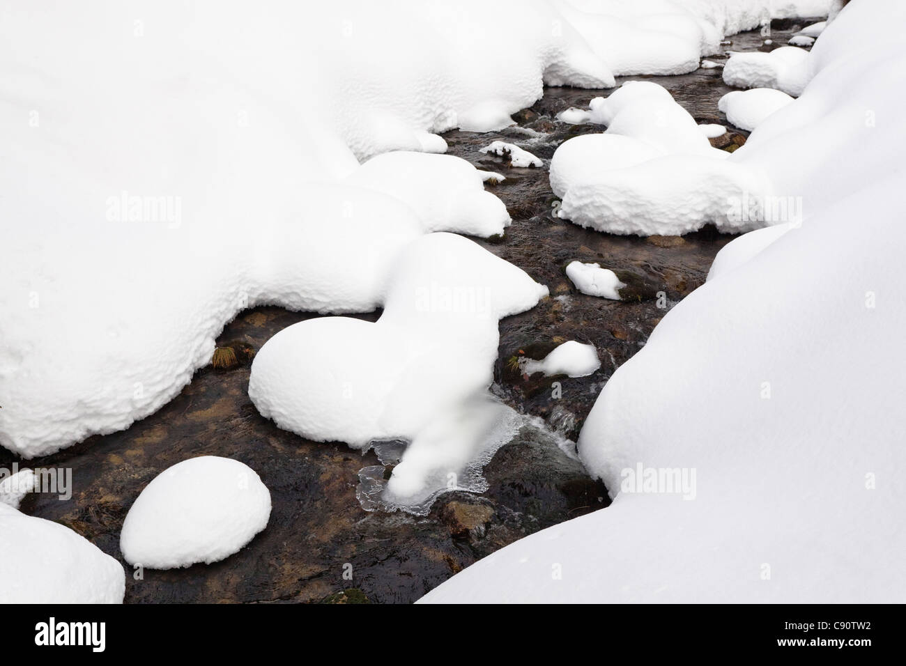 Creek Kleine Ohe mit tiefem Schnee im Winter, Nationalpark Bayerischer Wald, untere Bayern, Deutschland, Europa Stockfoto