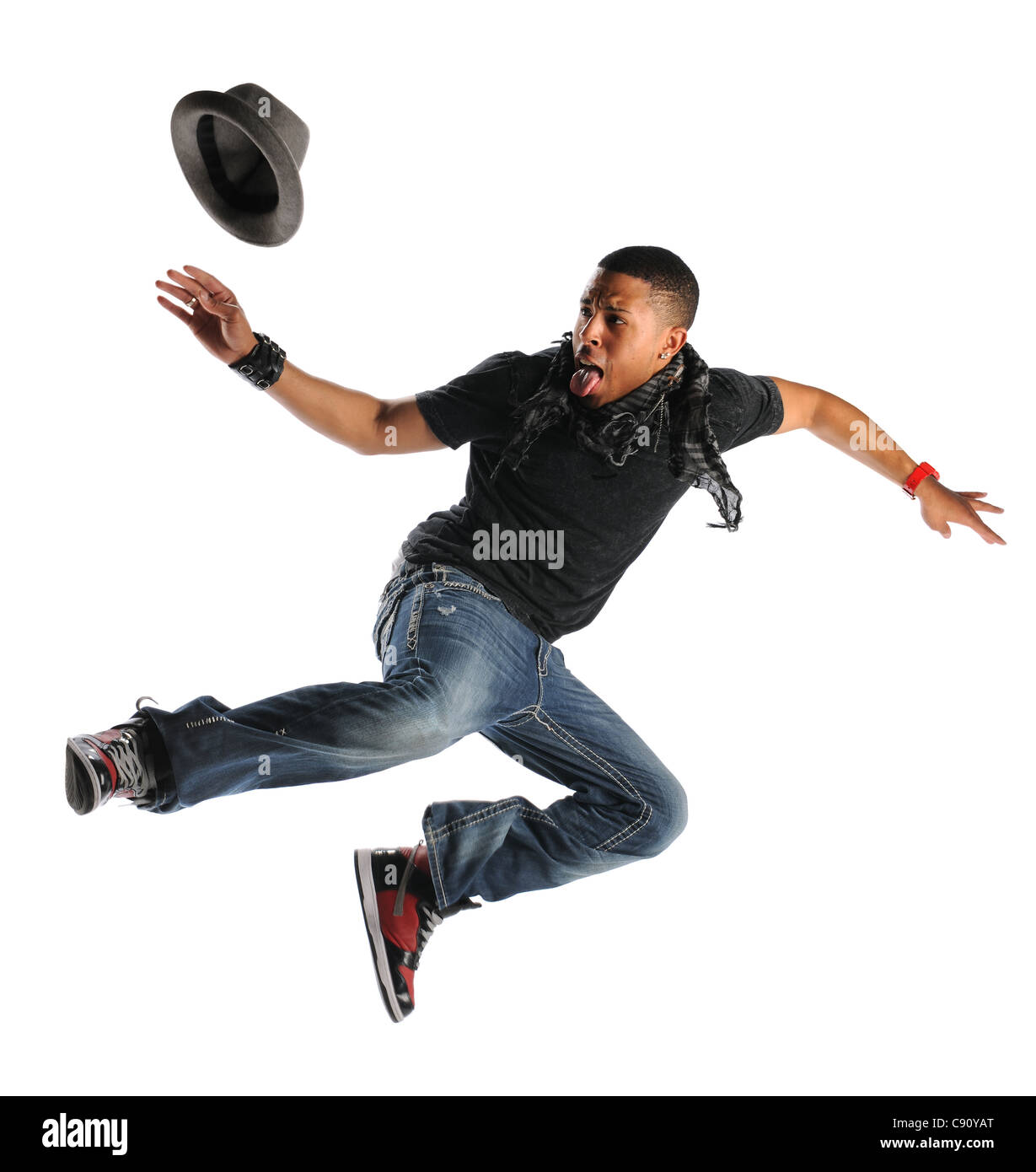 Afrikanische amerikanische Hip-Hop-Mann tanzen isoliert auf weißem Hintergrund Stockfoto