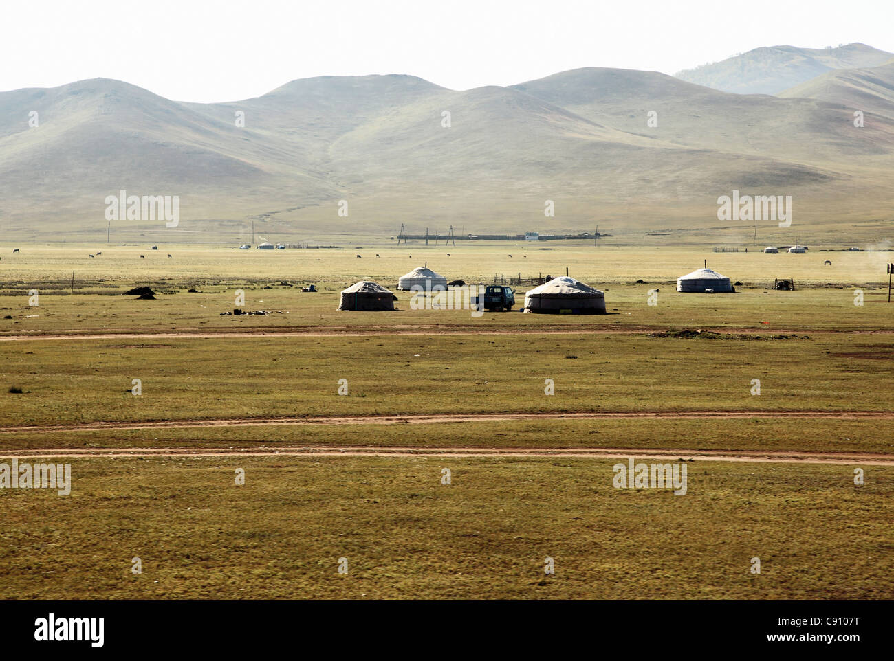 Die Landschaft der nördlichen Mongolei ist geprägt durch Steppen oder gewellte Bergketten. Auf den Ebenen der nomadischen Stämme Stockfoto