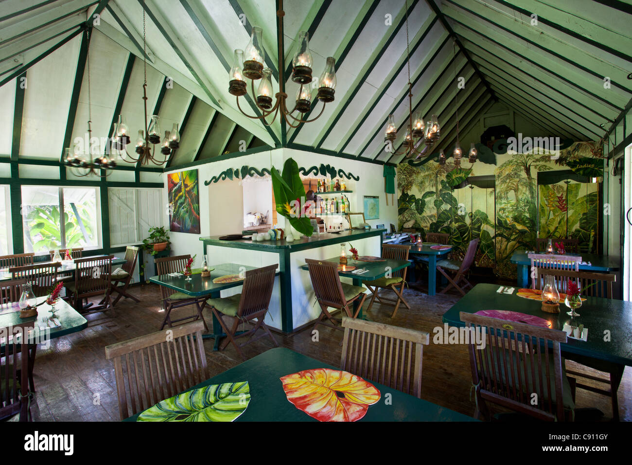 Den Niederlanden, Niederländische Karibik Windwardside, Saba Insel. Ecolodge Rendez-Vous. Restaurant. Stockfoto