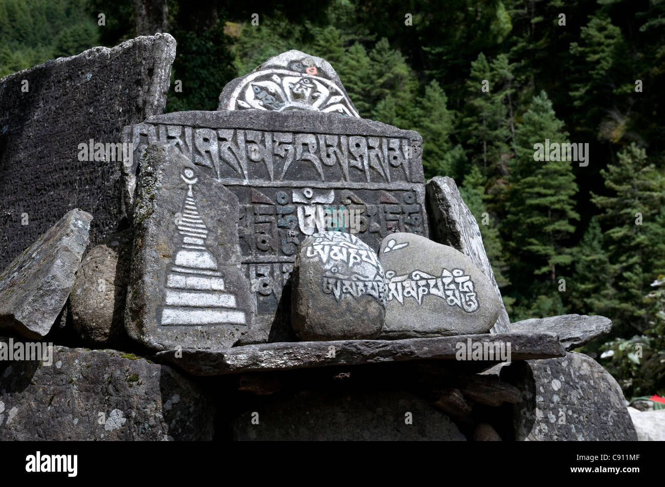 Mani-Steinen sind eingeschrieben oder lackiert mit Symbolen und religiöse Texte und durch den Pfad zum Segen für Reisende zu bringen. Stockfoto