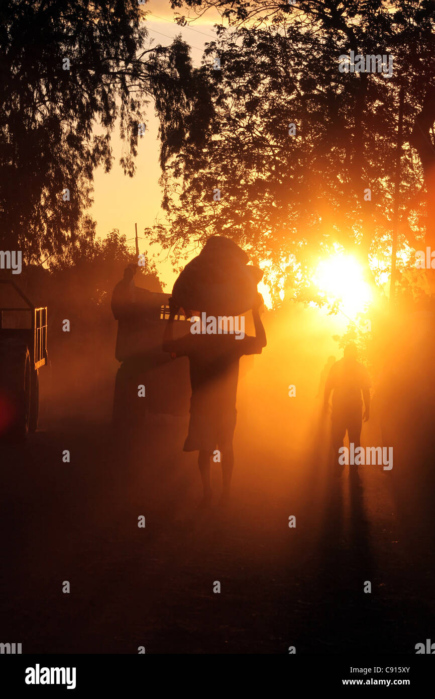Einige Afrikaner zu Fuß auf einer staubigen Straße mit der untergehenden Sonne vor zwischen Madirokely und Krater Bay, Nosy Be, Madagaskar Stockfoto