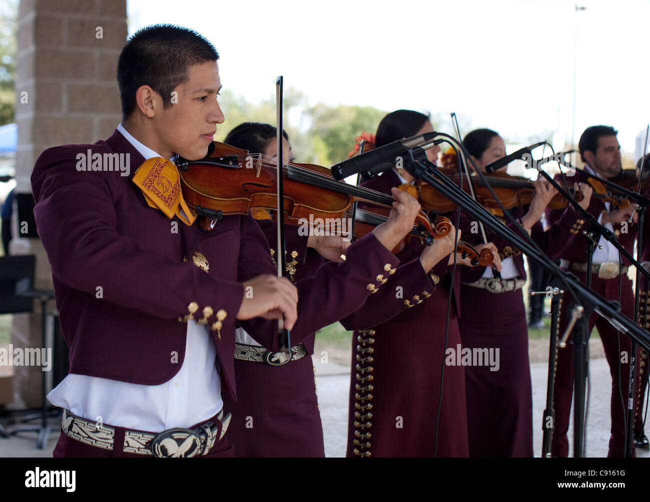 College-Studenten sind Mitglieder der Musikgruppe Mariachi und spielen während des Tages der Toten oder Dia de Los Muertos Stockfoto