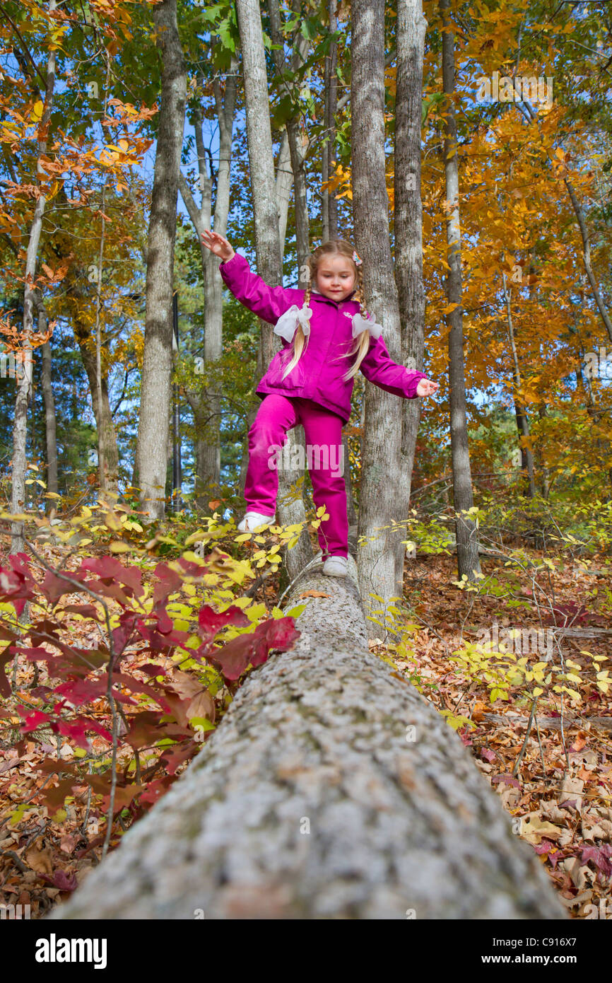 Ein 7-jähriges Mädchen, das im Herbstwald in Stone Mountain, Georgia, USA, auf dem gefallenen Holz spaziert. Stockfoto