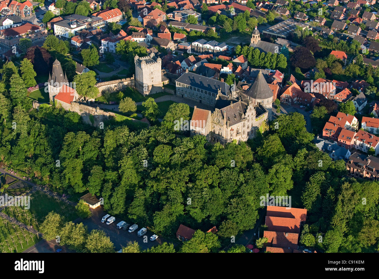 Luftaufnahme der Burg Bentheim in Bad Bentheim, Niedersachsen, Deutschland Stockfoto