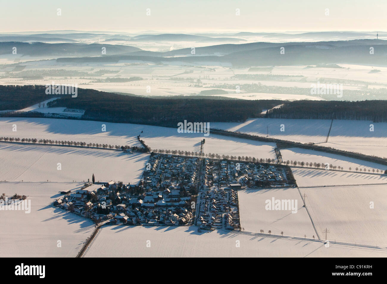 Luftaufnahme von Schnee bedeckt Landschaft, Harzregion, Niedersachsen, Deutschland Stockfoto