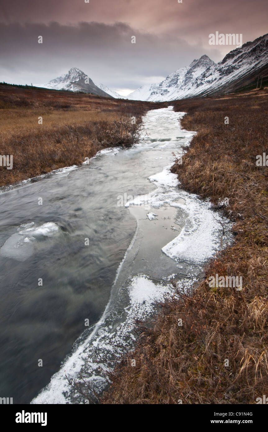 Eis bildet an den Ufern des South Fork von Campbell Creek im Chugach State Park, Yunan Alaska, Spätherbst Stockfoto