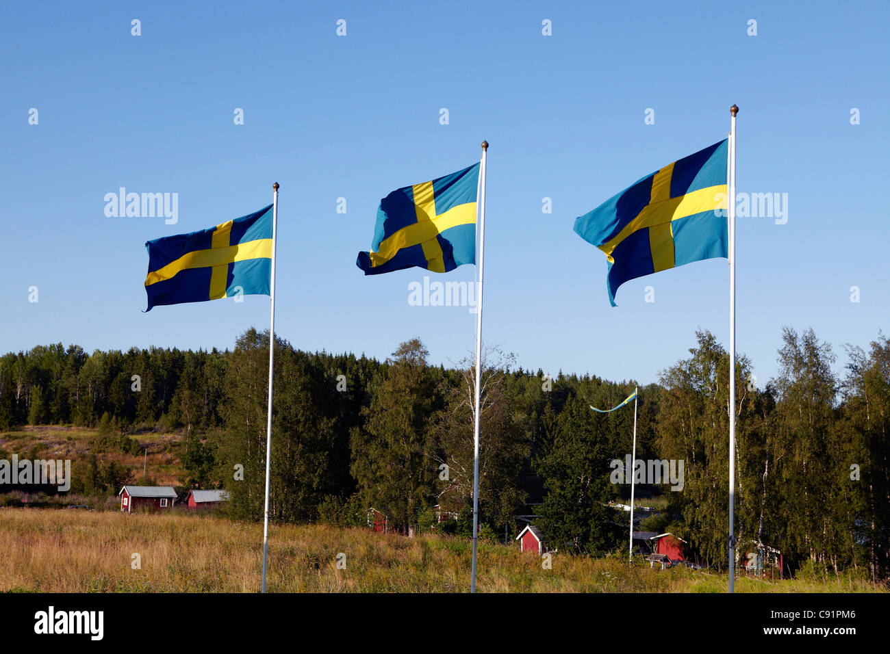 Schwedische Flaggen über ländliche Landschaft Stockfoto
