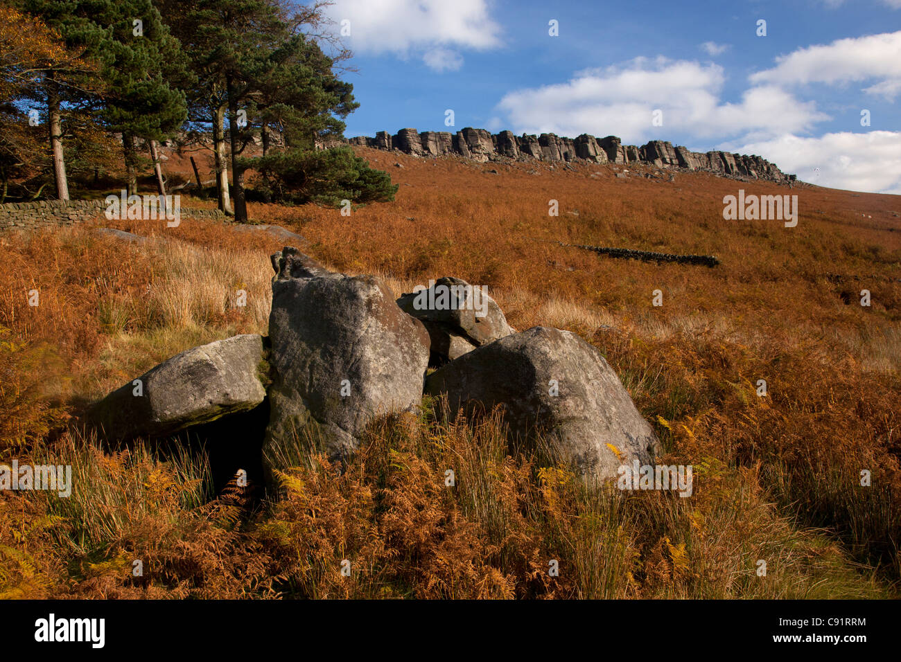 Stanage Edge Böschung und Aussicht auf die Landschaft im Herbst, in der Nähe von Hathersage, Derbyshire, Peak District, England Stockfoto
