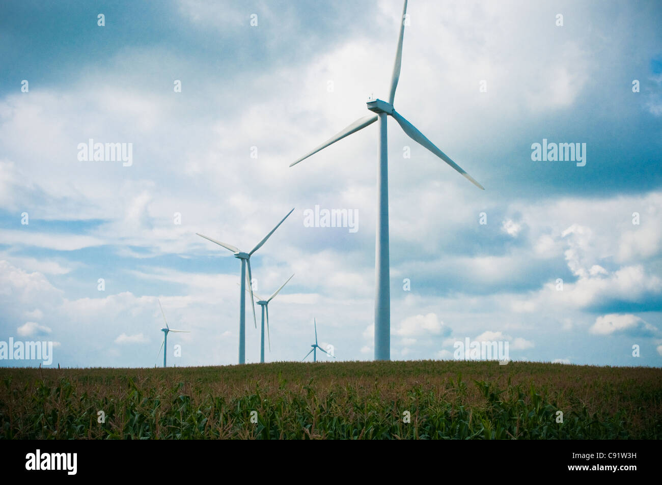 Windpark Energie Turbine.  Eine Antwort auf die globale Erwärmung. Stockfoto