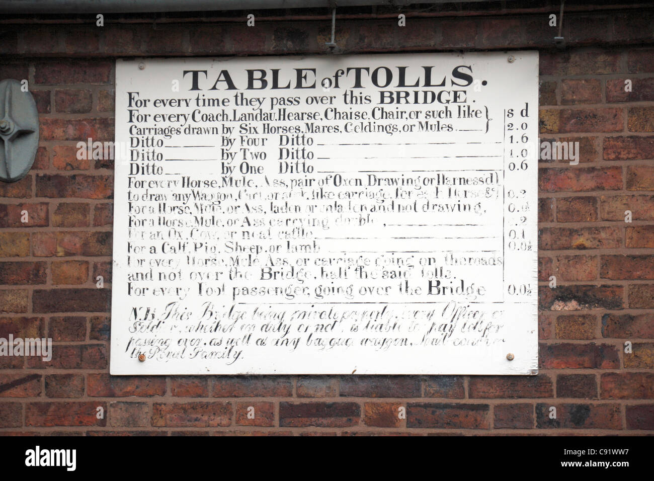 Die Tabelle der Maut-Preisliste auf der Brücke Tollhouse von der historischen Eisenbrücke in Ironbridge Gorge, Shropshire, UK. Stockfoto