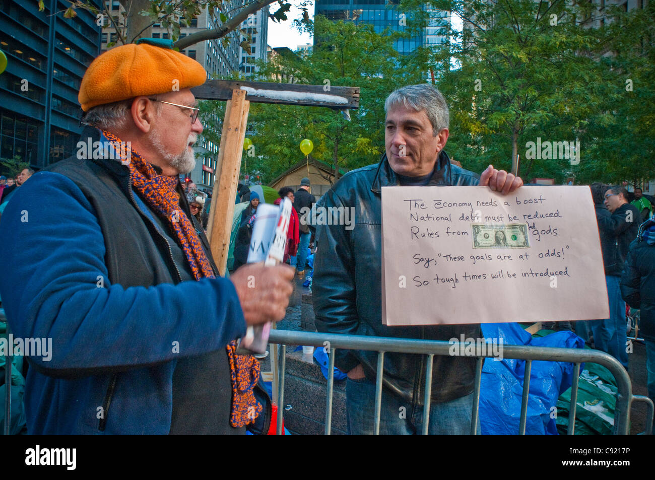 Occupy Wall Street OWS Protest Demo, Zuccotti Park, Manhattan, NYC Stockfoto