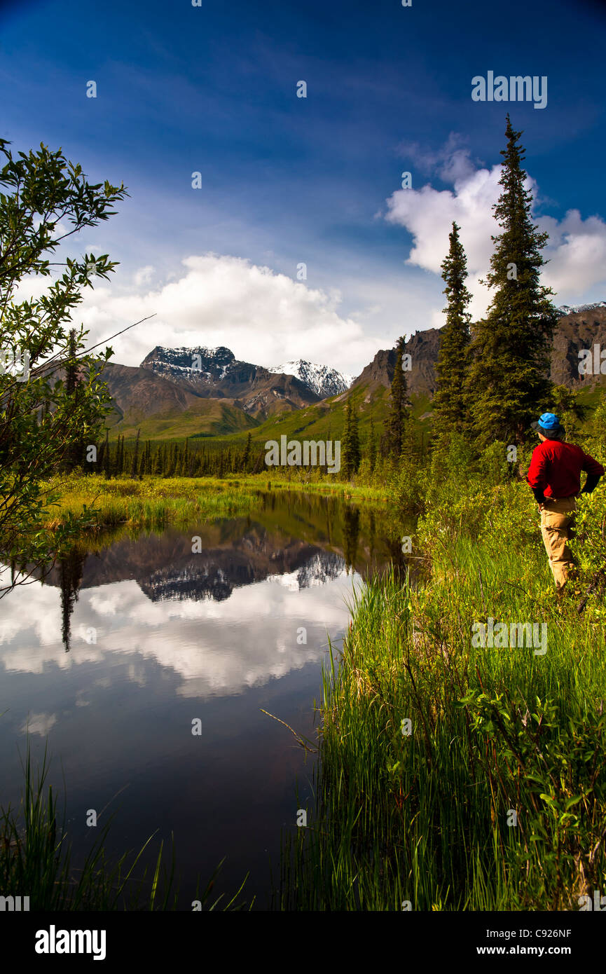 Mann, der neben einem kleinen Teich an der Nabesna Straße in Wrangell-St.-Elias-Nationalpark, Alaska Stockfoto