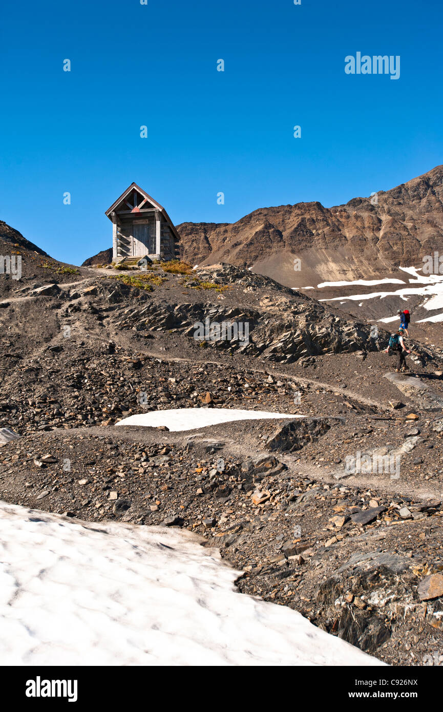 Wanderer Ansatz Harding Icefield Tierheim, Exit-Gletscher in Kenai Fjords Nationalpark, Alaska Stockfoto
